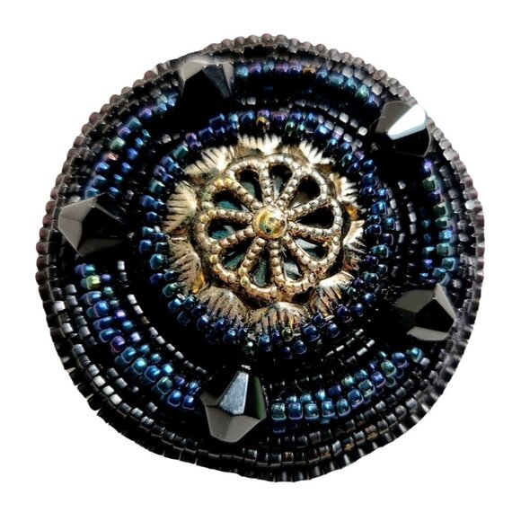 Handmade Vintage Medallion Brooch Faceted Hematite, Iridescent Glass Beaded - Picture 2 of 5